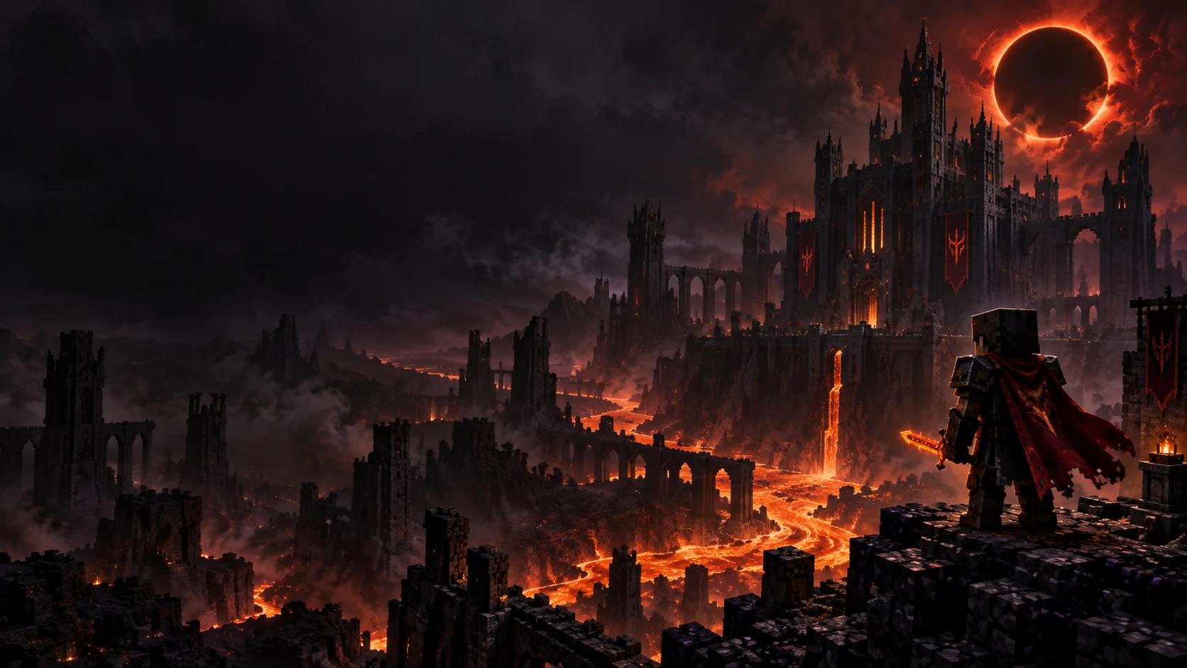 Ilustración de un viajero ante una fortaleza volcánica y un eclipse de fuego