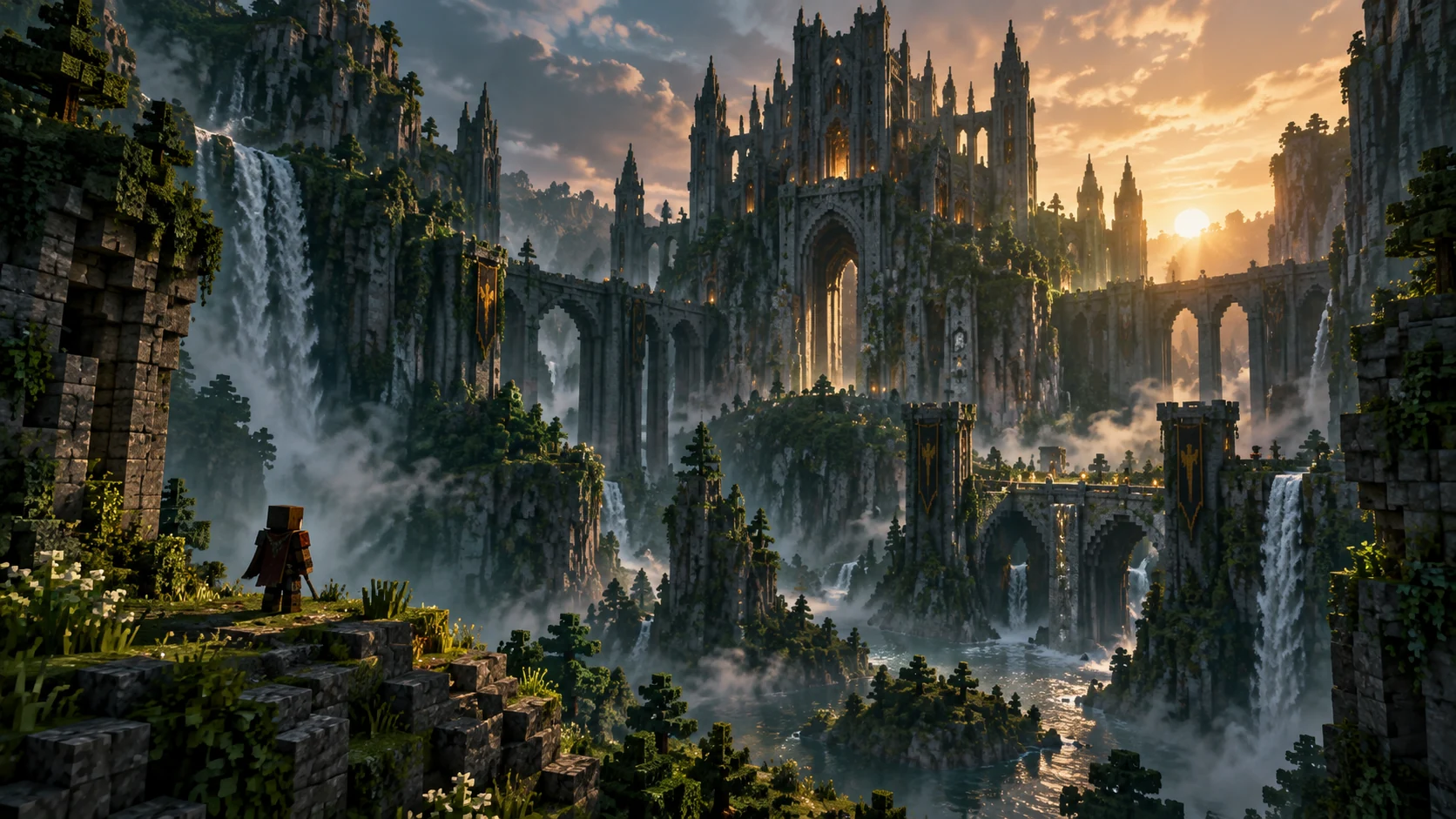 Paisaje de fantasía con una ciudadela rodeada de cascadas